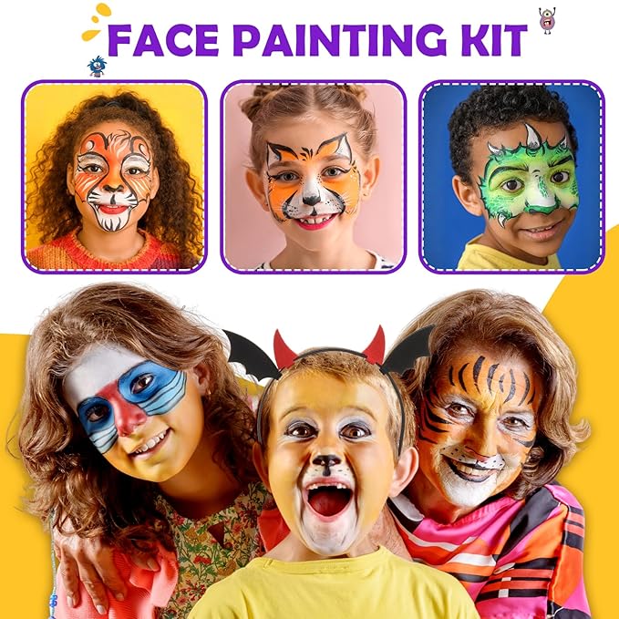 Face Painting Kit for Kids, 24 Colors Water Based Non-Toxic Face Paint with Stencils & Brushes, Professional Body Makeup Set for Halloween, Birthday, Parties with Guide Book Art and Craft Art Supplies