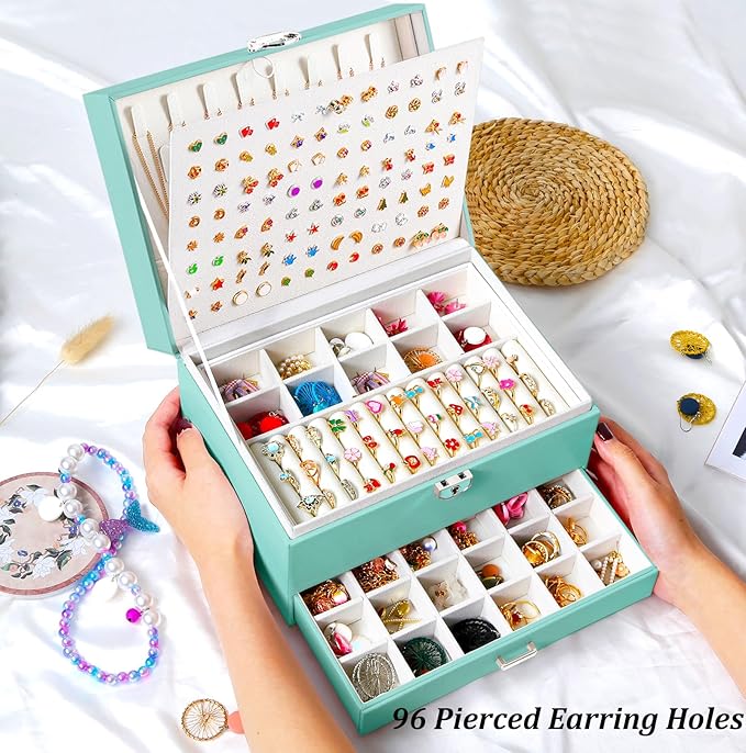 Earrings Jewelry Box for Girls, 5 Layers Jewelry Organizer with Earring Holder Organizer for Girls Earring Organizer Jewelry Boxes for Women Earrings and Necklaces Jewelry Box Organizer Teal