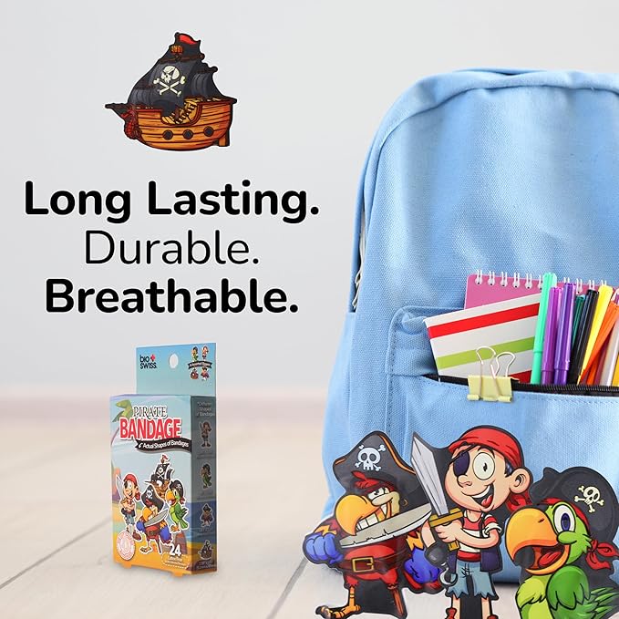 BioSwiss Bandages, Pirate Shaped Self Adhesive Bandage, Latex Free Sterile Wound Care, Fun First Aid Kit Supplies for Kids and Adults, 24 Count