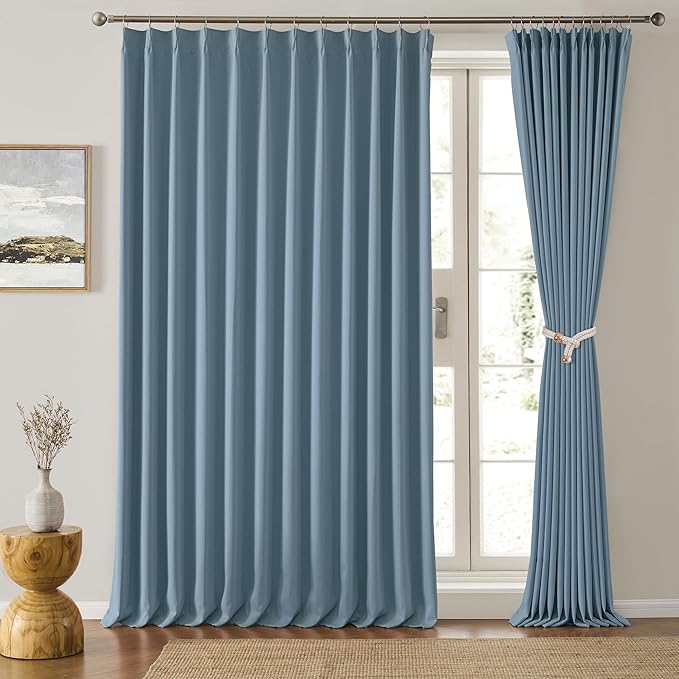 KEQIAOSUOCAI Dusty Blue Pleat Wide Width Drapes 80 x 63 inch Long 2 Panels - Thermal Insulated Room Divider Curtains for Bedroom/Living Room/Patio, Pinch Pleated Curtain Panel with Hooks