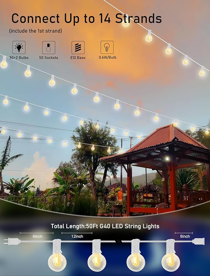 Goothy 50Ft Outdoor LED String Lights with 52 Shatterproof G40 LED Clear Globe Bulbs, Edison Vintage Bulbs E12 Base Hanging Sockets, Decorative Lighting for Café Patio Porch Party Yard Christmas-White