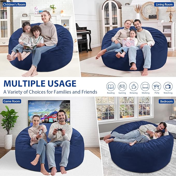 5FT Bean Bag Chair, Large Bean Bag Chairs with Memory Foam Filled, Fluffy Beanbag Sofa with Dutch Velvet Cover, Round BeanBag Chairs for Living Room, Playroom - Blue