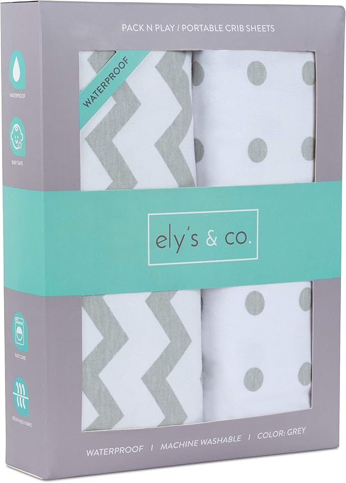 Ely's & Co. Kid's Waterproof Pack n Play Portable Mini Crib Sheet with Mattress Pad Cover Protection, White and Grey Chevron and Polka Dots (2 Pack)