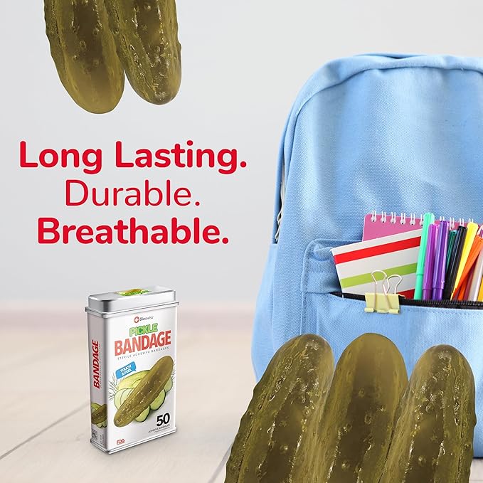 BioSwiss Bandages, Pickle Shaped Self Adhesive Bandage, Latex Free Sterile Wound Care, Fun First Aid Kit Supplies for Kids, 50 Count
