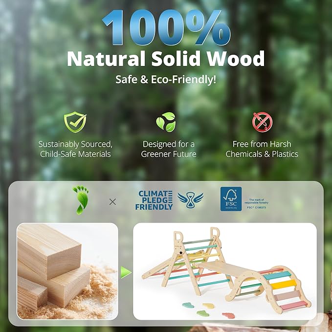 BlueWood 10-in-1 Pikler Triangle Set, Toddler Climbing Toys Indoor, Montessori Climber, Baby Jungle Gyms with Arch, Extra Rope Ladder & Footprint Balance Beam - Rose Garden