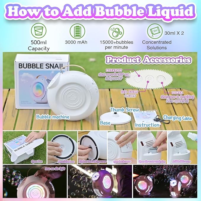 Bubble Machine, Automatic Bubble Maker Rechargeable, 15000+ Big Bubbles per Min, Colorful LED Lights, 90° 360° Rotatable Portable Electric Bubbles Toy for Kids Toddlers, Outdoor Wedding Party Gifts