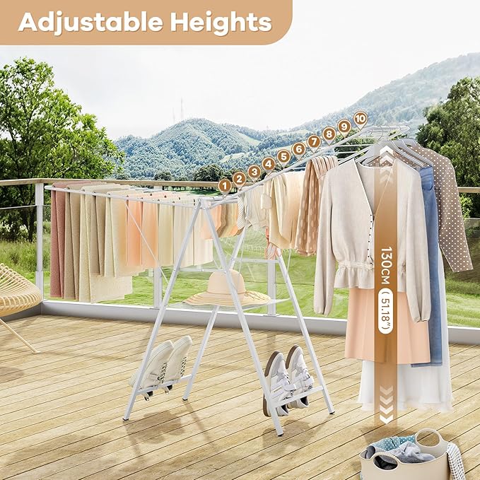 APEXCHASER Drying Rack Clothing, Clothes Drying Rack Foldable, Metal Laundry Drying Rack Collapsible for Sweater Towel Indoor Outdoor, Gullwing Clothes Rack Drying with Height Adjustable Rails, White