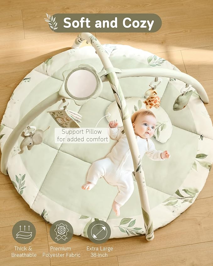 Fortella Baby Play Gym & Activity Mat, Tummy Time Mat w 5 Detachable Toys and Pillow, Large Sensory Playmat for Floor, Newborn Infant Baby Essentials Shower Gift 0-3-6-9-12 Months (Sage Green)