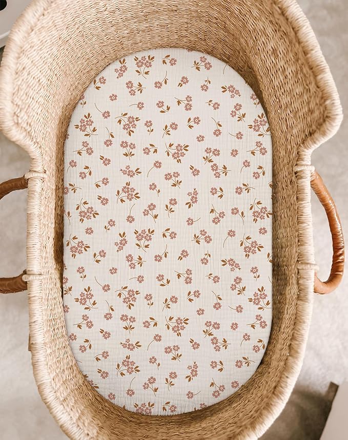 Bassinet Sheet for Baby Boy and Girl 2 Pack, Fitted Sheets for Rectangle, Oval, Hourglass Bassinet Mattress, Muslin Moses Basket Sheets with Neutral Style (Floral & Pink)