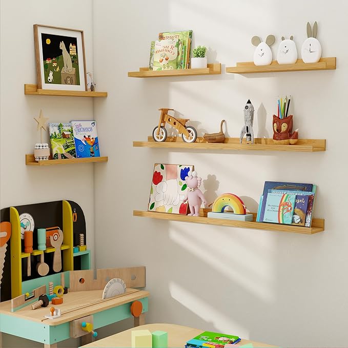 Axeman Picture Ledge Shelf, Floating Shelves for Wall Decor Storage Set of 6, 48 inch Floating Wall Mounted Shelves, Shelves with Lip for Living Room, Bedroom, Nursery, Bathroom, Kitchen, Oak