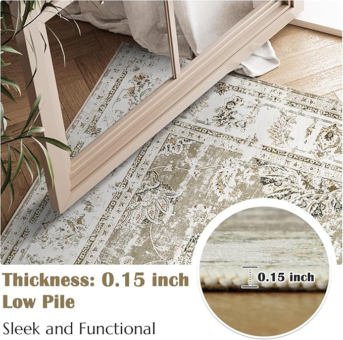 jinchan 9x12 Area Rugs for Living Room - Machine Washable Vintage Floral Distressed Design Stain Resistant Carpet Low Pile Non-Slip Large Rug for Bedroom Dining Room Home Office (9‘x12',Taupe)