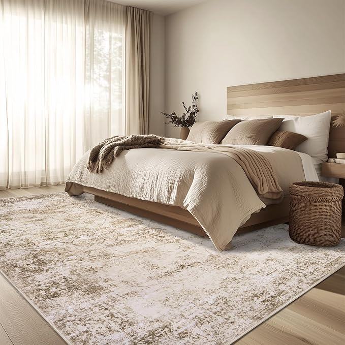 8x10 Area Rug Living Room Rugs - Washable Rug Large Modern Abstract Soft Thin Carpets Indoor Floor No Slip Vintage Carpet for Bedroom Under Dining Table Nursery Home Office Decor Beige