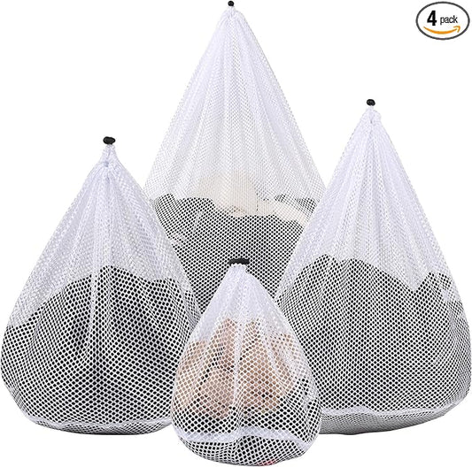 4Pcs Mesh Laundry Bags Washing Machine Mesh Wash Bags for Clothes,Underwear,Lingerie, Bed Linen with Drawstring Closure Sturdy(4 Size)