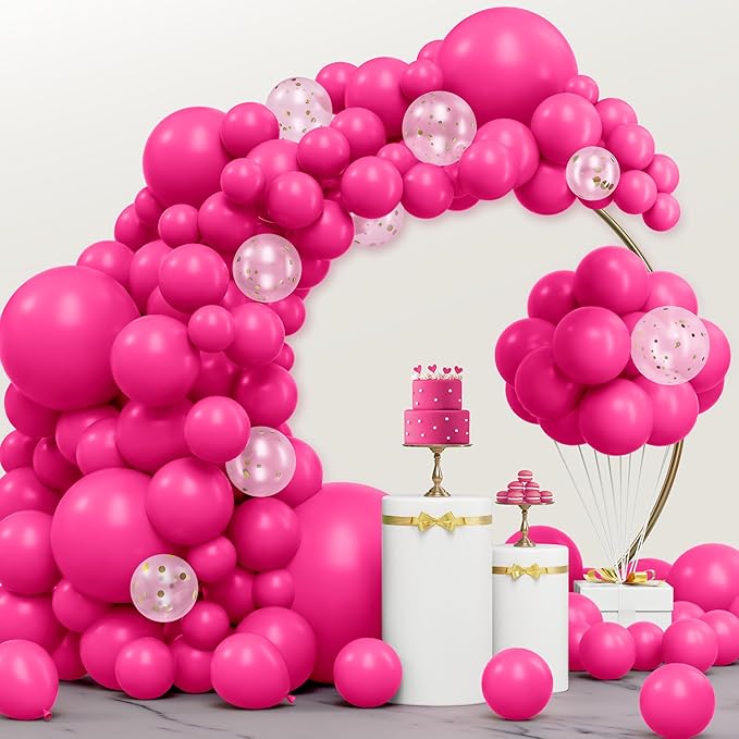 JOYIN 150 Pcs Hot Pink Balloons, Different Sizes 18 12 10 5 Inch Hot Pink Latex Balloon Arch Kit with Instruction for Birthday Party Graduation Wedding Holiday Decoration