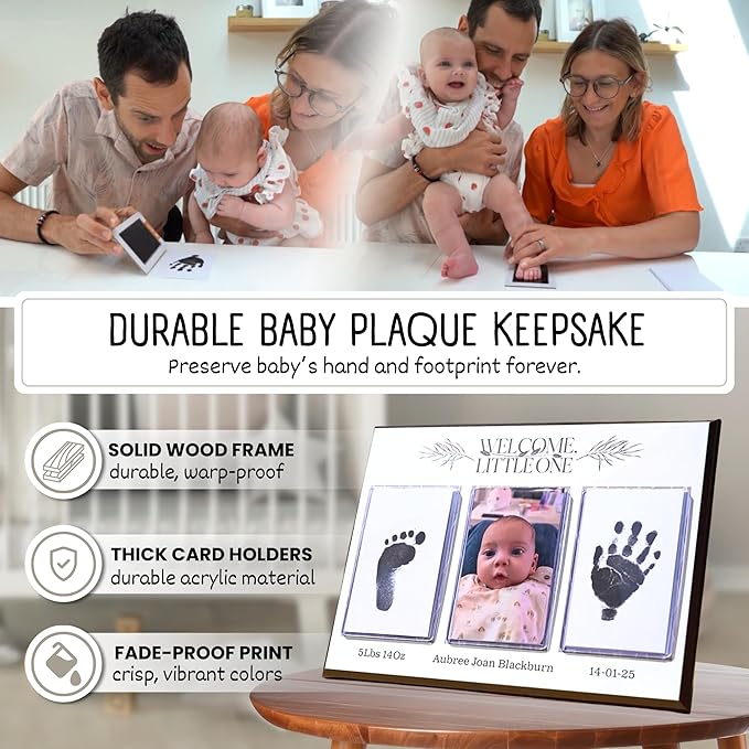 Baby Hand and Footprint Kit with Photo & Birth Details, Inkless Hand and Footprint Kit, Newborn Keepsake Plaque, Baby Shower Gifts (STYLE 1 (Fully Personalized) (Welcome Little One))