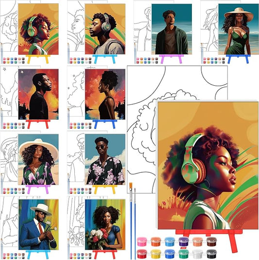 Blosssound 10 Set Pre Printed Canvas Pre Drawn Canvas Painting with Easel Kits 5" x 7" Outline Painting Panels for Beginners, DIY Craft Project, Party Favor, Home Decors(Black Couple)