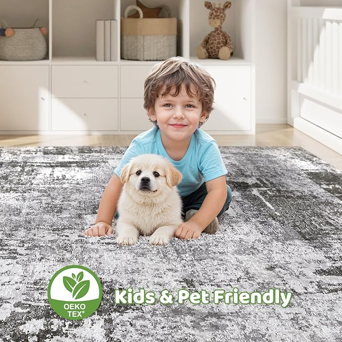 5x7 Area Rugs Living Room: Machine Washable Large Abstract Modern Soft Rug Stain Resistant Indoor Floor Non Slip Accent Carpet for Bedroom Nursery Playroom Dining Room Office Dorm Home- Black Grey