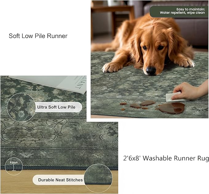 2'6x8' Washable Runner Rug for Hallway, Non Slip Vintage Floral Long Carpet Runners for Entryway, Kitchen, Bathroom, Bedroom, Low Pile Laundry Rugs Rubber Backing (Distressed Green)