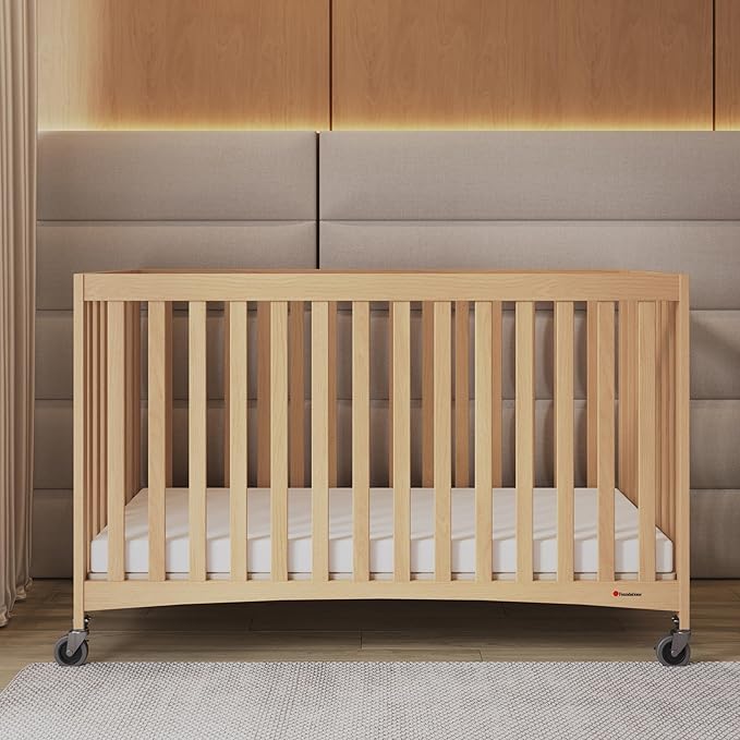 Foundations Full Size Travel Sleeper Folding Hotel Crib and Sheet Bundle - Includes Wooden Portable Crib with 3" Foam Mattress (Natural) and 6-Pack White Fitted Full Size Sheets
