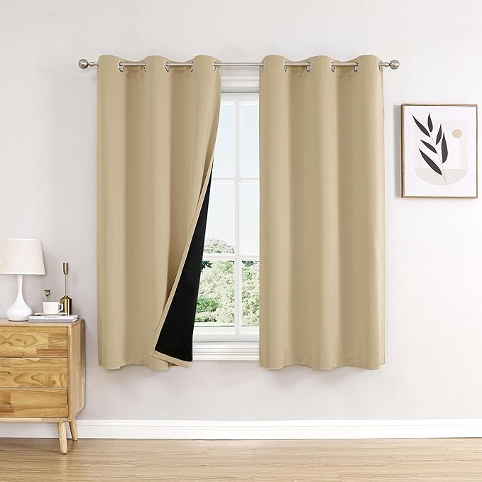 ChrisDowa 100% Blackout Curtains 63 inch Long for Bedroom with Black Liner, 2 Thick Layers Total Blackout Thermal Insulated Grommet Window Curtains 2 Panels Set (Beige, 38 x 63 Inch)