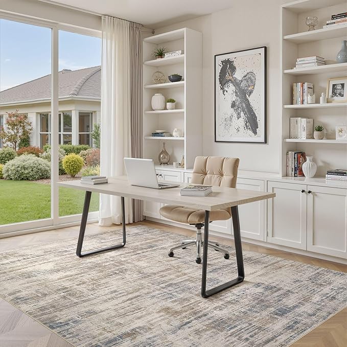 Area Rug for Living Room: 7x9 Washable Neutral Abstract Modern Soft Rugs Non Slip Indoor Floor Stain Resistant Large Carpet for Bedroom Dining Room Office Nursery - Brown