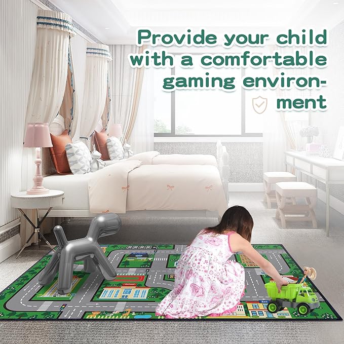 Fun Car Play Area Carpet Car Mat 2x3 Play Rug for Playroom Town City Road Map for Boys Bedroom Non-Slip Washable