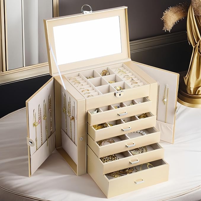 BOOVO Jewelry Box For women, 6 Layer Large Jewelry Organizer With Mirror, Multi-Function Storage Box With Lock, Accessory Holder With 5 Drawers, For Earrings Necklace Ring Bracelet (Pale gold)