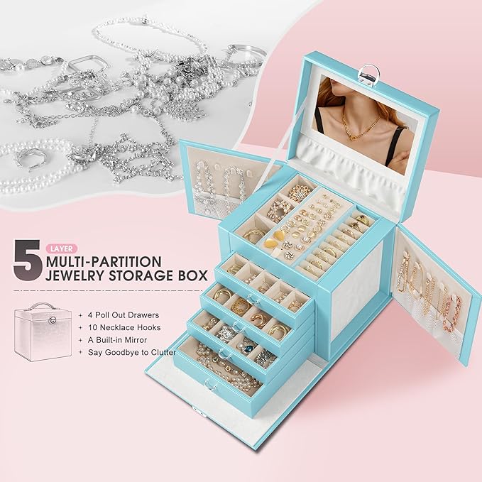 5-Layer Jewelry Box with 4 Drawers, Huge Portable Jewelry Organizer with Lock and Mirror for Women, for Necklace Ring Earring Bracelet Storage, Lockable Jewelry Case, Blue