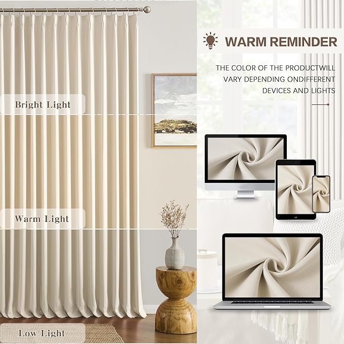 KEQIAOSUOCAI Pleated Blackout Curtains 95 inch Length - Solid Memory Pleated Drapes Light Reducing Ceiling Floor Panels for Living Room Bedroom Window (Cream Beige, 2 Panels,60 by 95)
