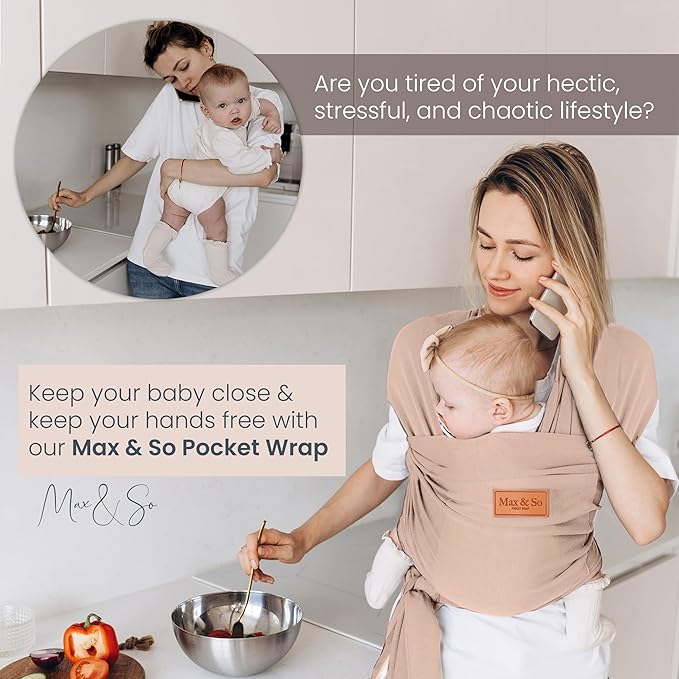 Baby Wrap Carrier - Premium Cotton Baby Carrier Wrap for Newborn to Toddler- Infant Carrier- Baby Holder One Size Fits All with Front Pocket(Beige) by Max&so