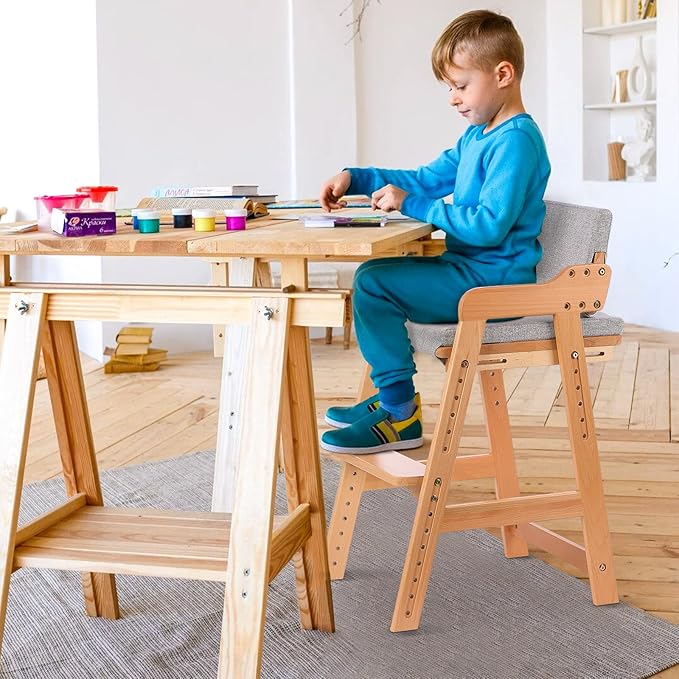 Ezebaby Wooden High Chair, Adjustable Highchair for Toddlers to Teens with Steps, Kids Dining Chair, Study Chair with Removable Cushion (Natural Color)