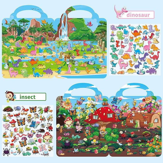 6 Set Reusable Sticker Books for Toddlers 2-4,1-3, Kids 3D Puffy Stickers (Dinosaurs, Forest, Town, Pets, Construction, Insects), Sticker Activity Books