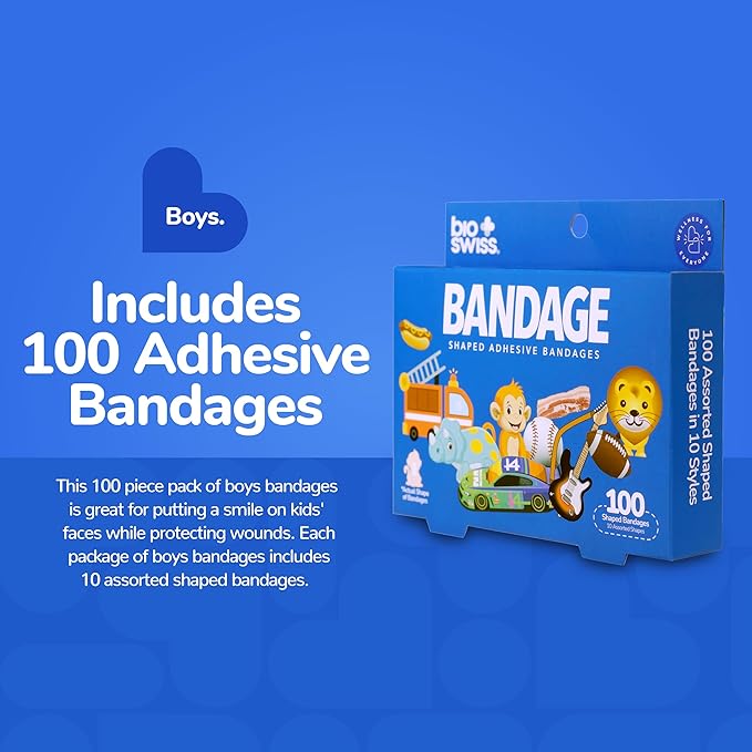 BioSwiss Bandages, Assorted Animal, Fun and Food Shaped Self Adhesive Bandage for Boys, Latex Free Sterile Wound Care, 100 Count