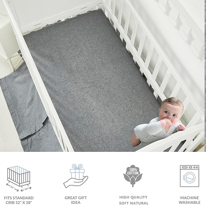 Brandream Gender Neutral Boho Bohemian Farmhouse Chic Baby Crib Bedding Set 100% Washed Cotton Like Linen Supersoft Classic Quilted Plaid Design Nursery Collection (Grey, 6-Piece)