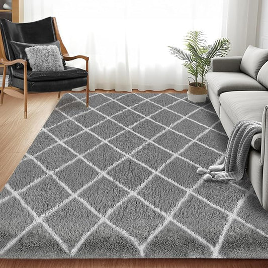 Fluffy Rug for Bedroom, 4X6Feet Super Soft Rug, Stripe Checkered Anti-Skid High Pile for Living Room Bedroom Kids Room Nursery, Dorm Home Decor