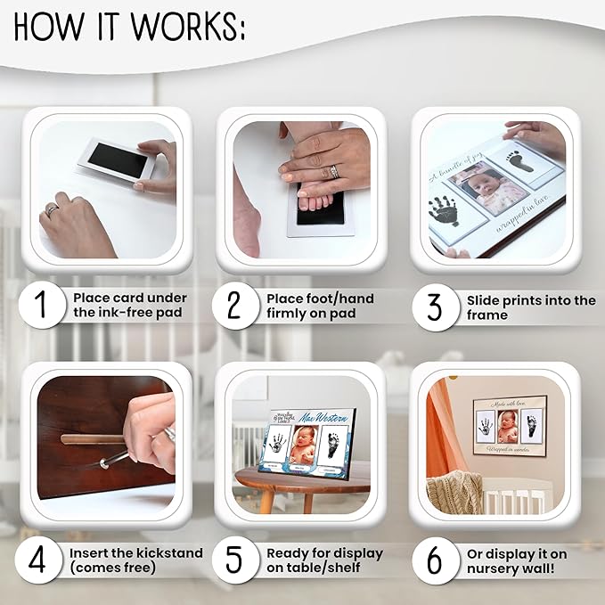 Baby Hand and Footprint Kit with Photo & Birth Details, Inkless Hand and Footprint Kit, Newborn Keepsake Plaque, Baby Shower Gifts (STYLE 1 (Fully Personalized) (Welcome To The World - Baby Boy))