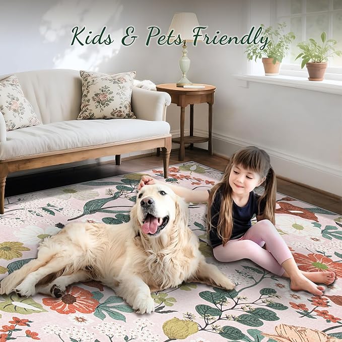 9x12 Area Rug for Living Room: Vintage Floral Washable Rug Soft Boho Non Slip Carpet Large Indoor Floor Non Shedding Low Pile Thin Carpets for Bedroom Dining Room Farmhouse Nursery Home Light Pink