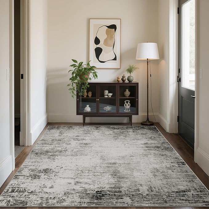Area Rug 9x12 Washable Rugs: Abstract Large Living Room Rugs with Non-Slip Backing, Stain Resistant Indoor Floor Carpet for Bedroom Dining Room Table Nursery Hallway Home Office-Black/Gray