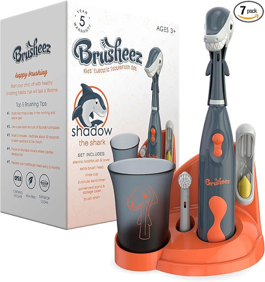 Brusheez Kids’ Electric Toothbrush Set - Safe & Effective for Ages 3+ - Parent Tested & Approved with Gentle Bristles, 2 Brush Heads, Rinse Cup, 2-Minute Timer, & Storage Base (Shadow The Shark)