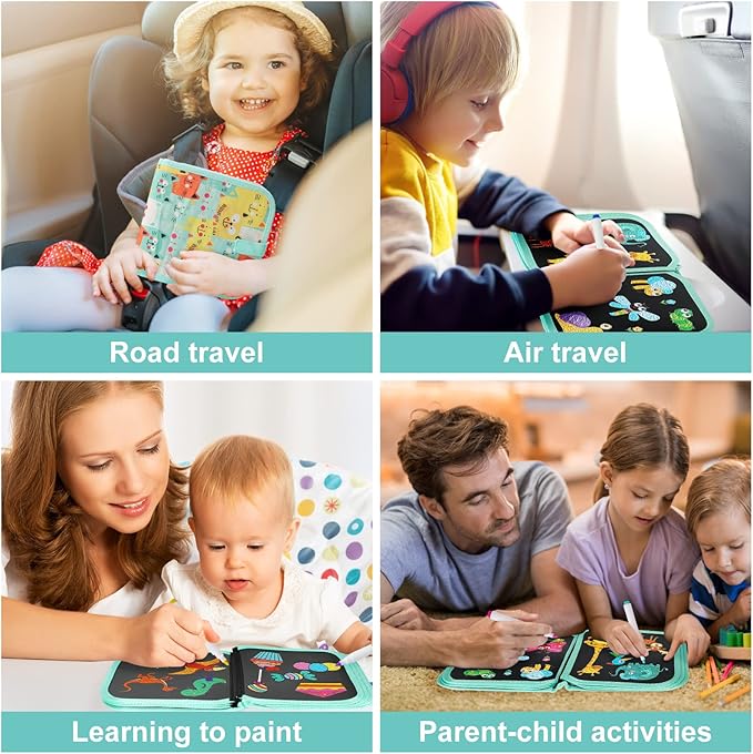 Erasable Doodle Set for Kids - Magic Drawing Book With 12 Watercolor Pens, 14 Page Reusable Book, Road Trip Car Game Writing Painting Set for Boys and Girls (Orange Cats)