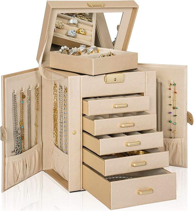 AKOZLIN 6-Tier Jewelry Box Lockable Leather Jewelry Storage Case with 5 Drawers for Women Girls Ring Necklace Earring Bracelet Holder Organizer with Mirror