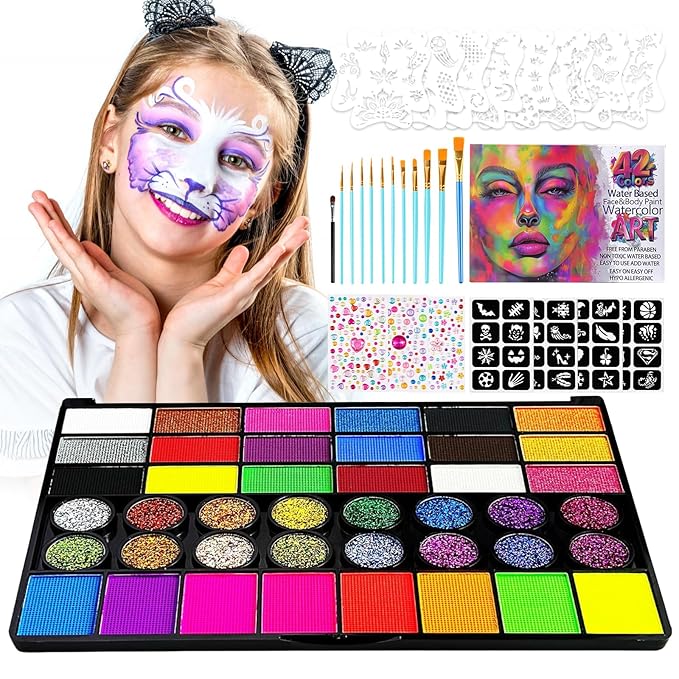 Face Painting Kit, 42 Colors Body Paint With 10 Pcs Brushes, Safe & Non-Toxic Washable for Children Adults Halloween Christmas Party