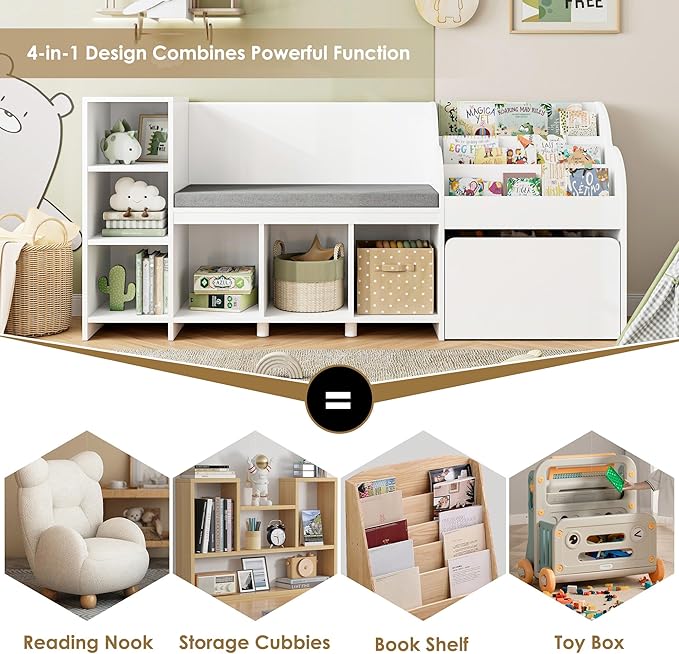HOSTACK 67" Kids Reading Nook with Bench, Kids Bookshelf and Bookcase with Seat Cushion and 6 Storage Cubbies, Toy Storage Box on Wheels, Toy Chest for Playroom, Bedroom, School, White