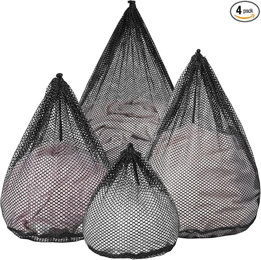 4Pcs Mesh Laundry Bags Washing Machine Mesh Wash Bags Jumbo for Delicates Clothes,Bed Linen,Toys with Drawstring Closure Sturdy (Black, Pack 4 Pcs)