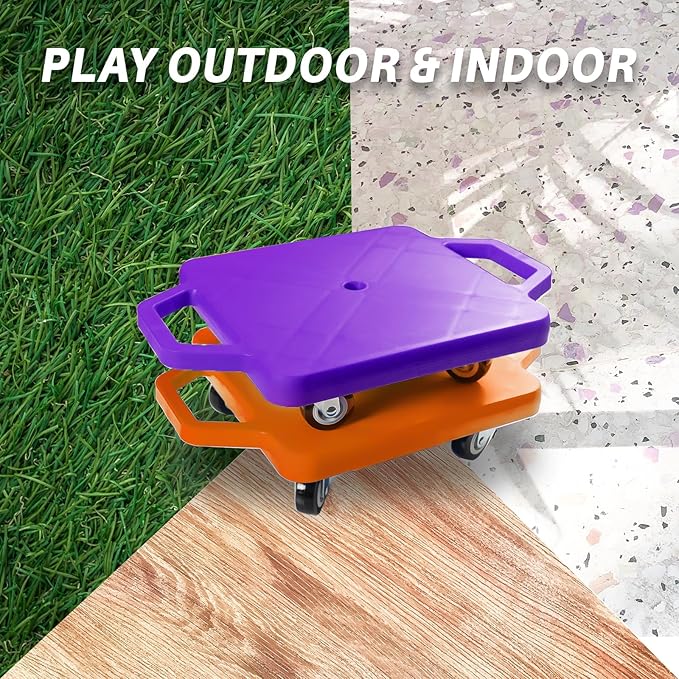 2 Plastic Scooter Boards with Handles for Kids Sitting and Sports Training, with 1 Ring, 2 Ropes and 4 Beanbags, Indoor and Outdoor Play