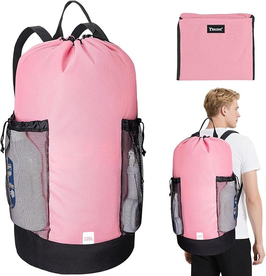 BALEINE 120L Laundry Bag Backpack, 900D Oxford Fabric Large Travel Laundry Bags with Shoulder Straps and 2 Mesh Pockets for College Dorm, Apartment, Laundromat (Pink, 120L)