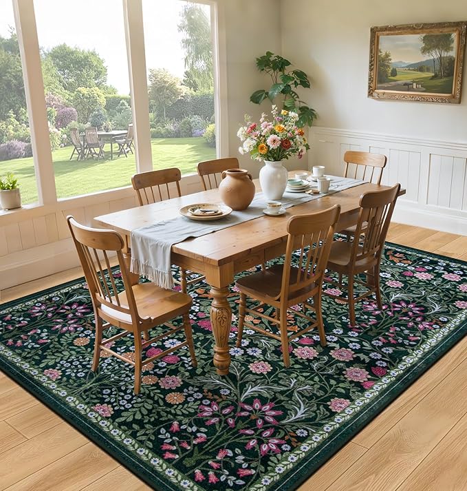 Area Rug Living Room Rugs: Floral 4x6 Washable Rug Vintage Soft Boho Non-Slip Carpet Indoor Floor Stain Resistant Large Carpets for Bedroom Dining Room Farmhouse Nursery Hallway Home Office Dark Green