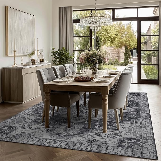 9x12 Area Rug Living Room Rugs, Stain Resistant Washable Rug, Vintage Large Non-Slip Backing, Low Pile Lightweight Print Rug for Bedroom Dinning Room Home Office (Medium Gray)
