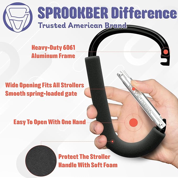 sprookber 6.7 Inch Large Stroller Hooks for Diaper Bags & Purses, Heavy Duty Mommy Hooks for Shopping, Grocery, Backpack – Baby Stroller Accessories, Set of 2 (Black)