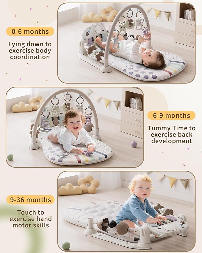 Baby Gym with Kick and Play Piano, Baby Play Mat Tummy Time Activity Gym Mat with 5 Infant Sensory, Music & Lights Boy or Girl for Newborn 0 to 3 6 9 12 Months